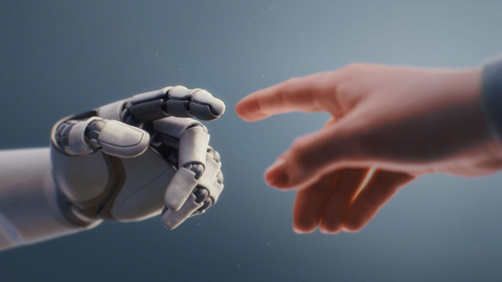 科学研究でAIと人間が協働する未来を表現したイメージ